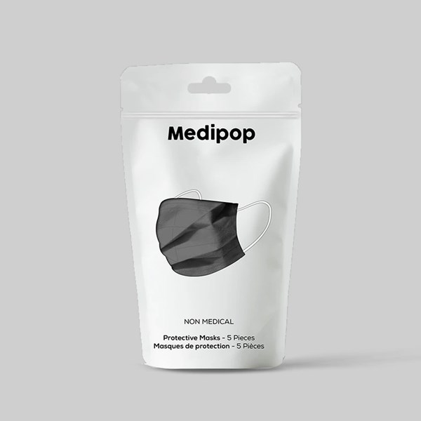 MEDIPOP PROTECTIVE FACE MASKS SOLID BLACK (5 PACK)  